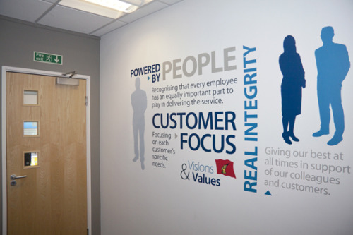Office wall displaying company values and silhouettes of people, highlighting the importance of living organisational values rather than letting them become mere decoration.